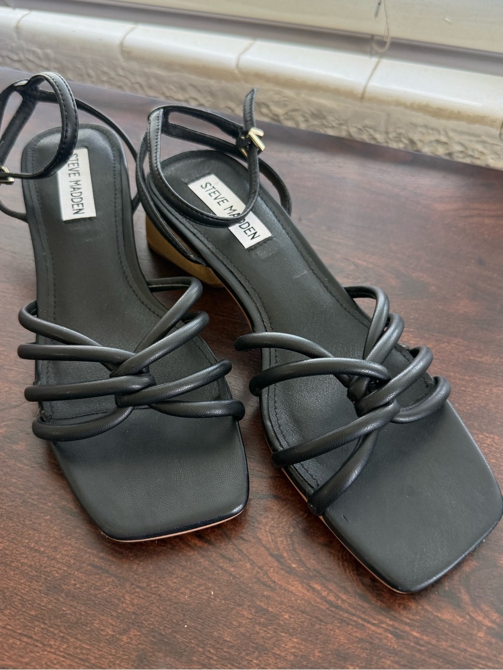 Steve Madden Black Strappy Block Heel Sandals Square Toe Minimal Heels